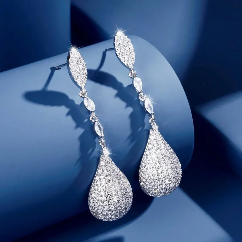 Silver Elegant Women's Cubic Zirconia Gold Plated Pendant Earrings